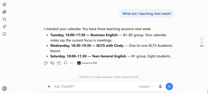 AI interface planning next week's classes