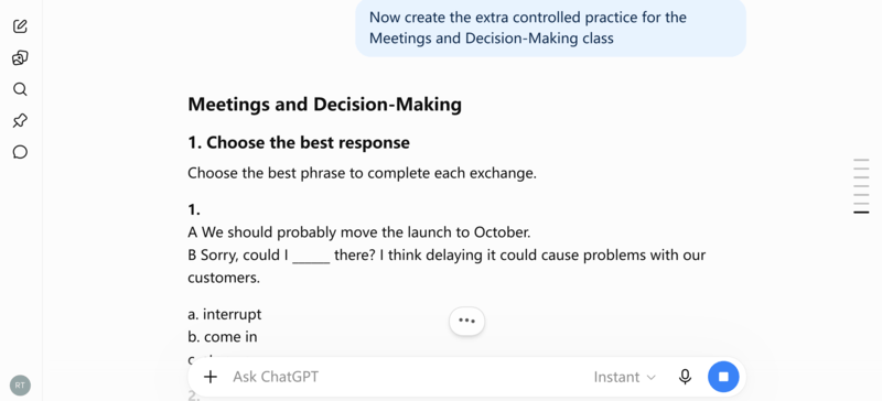 AI interface controlled practice