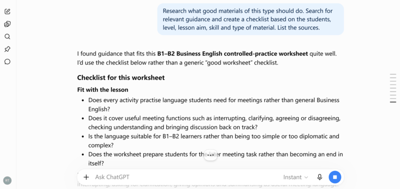 AI interface showing a checklist for controlled practice