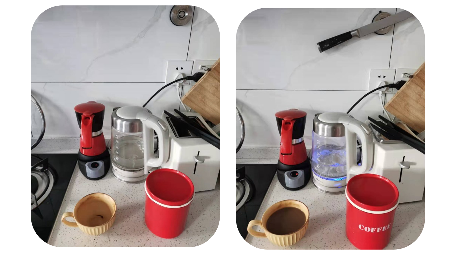 Kitchen worktop with various kitchen items for information gap activity