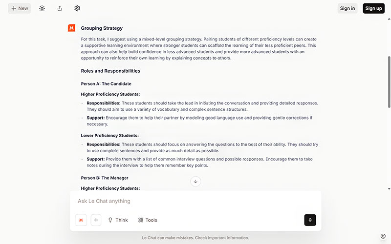 Using Mistral AI for best practices for grouping students for speaking tasks