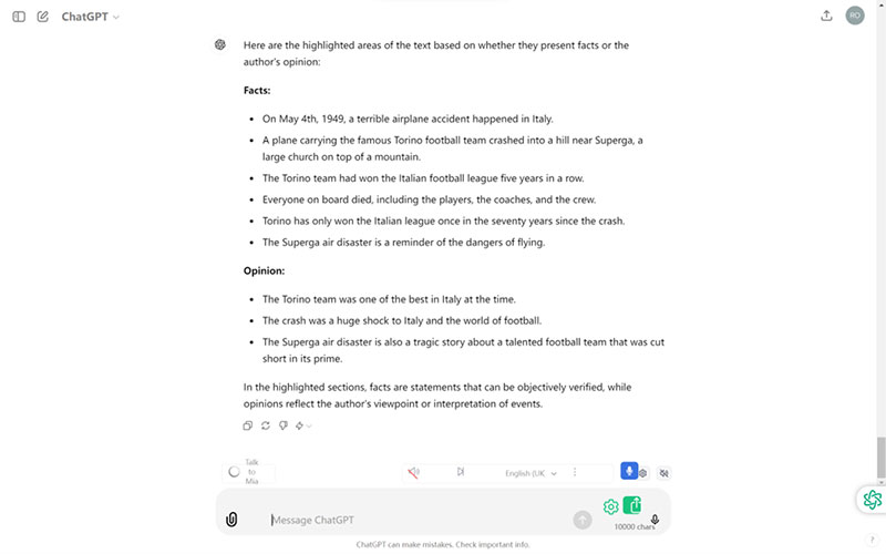 ChatGPT differentiation between fact and opinion