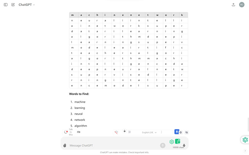 AI generated wordsearch for teachers from ChatGPT