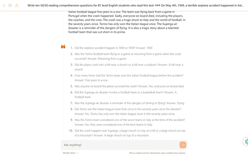 Reading comprehension questions from Mistral