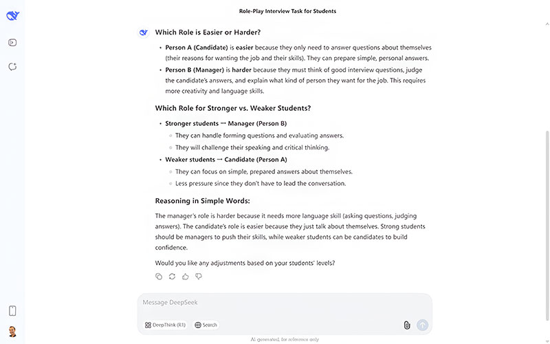 Deepseek roleplay question response