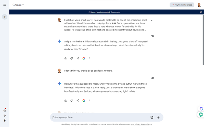Hare and Tortoise Roleplay with Gemini