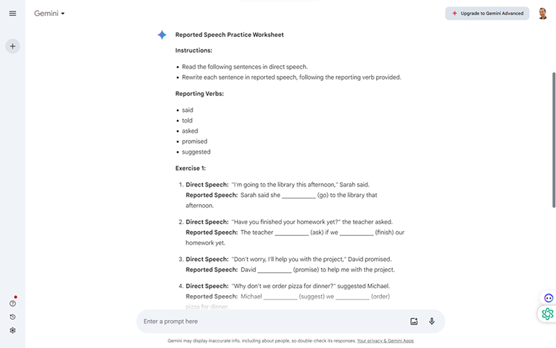 Reported speech accuracy practice from Google Gemini