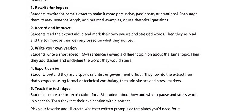 Chat gpt extension activity examples for ESL students