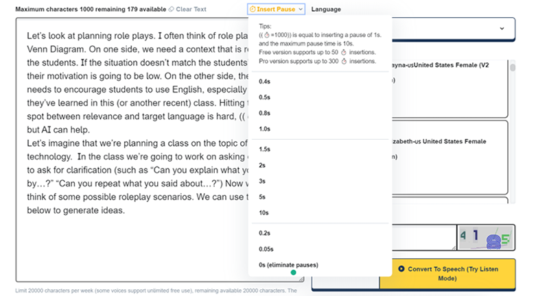 creating pauses in TTS Maker