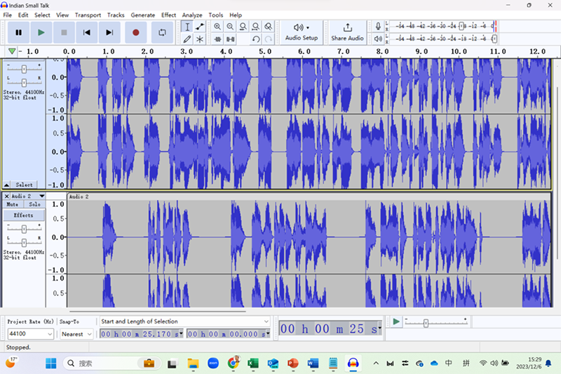 Audacity Interface, with Speaker A’s audio at the top and Speaker B’s at the bottom