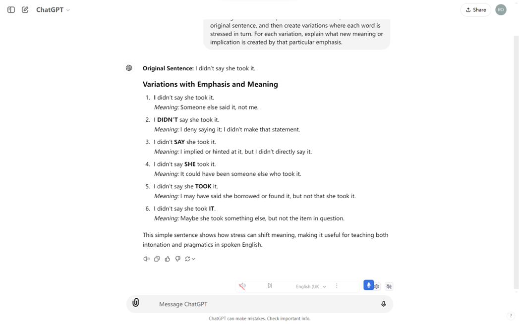 Sentence stress example from ChatGPT