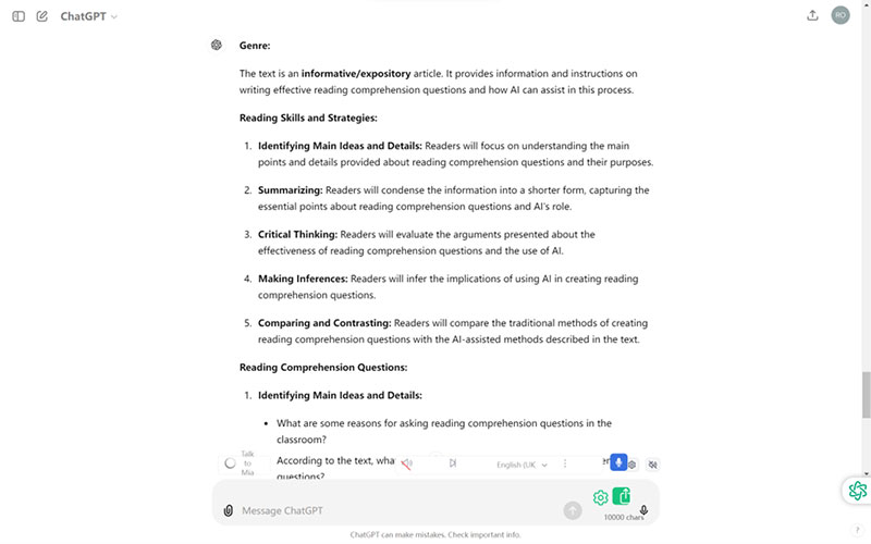 Suggestions for reading skill and strategies for a specific text (ChatGPT)