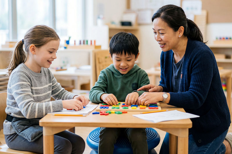 Teacher with two young learners at a low table in an inclusive classroom