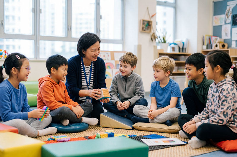 A group of primary students at a low table with their teacher in an inclusive classroom