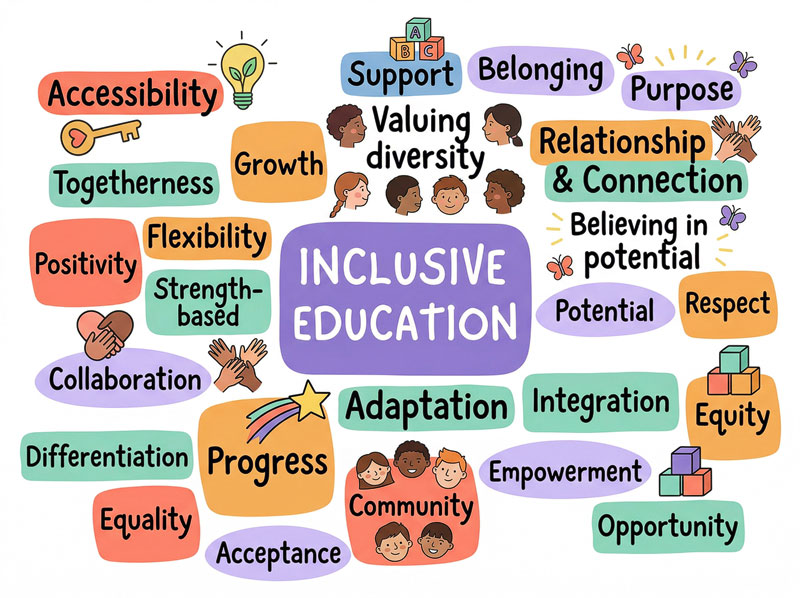 A diagram of colourful bubbles diverse showing diverse learning needs in an inclusive classroom