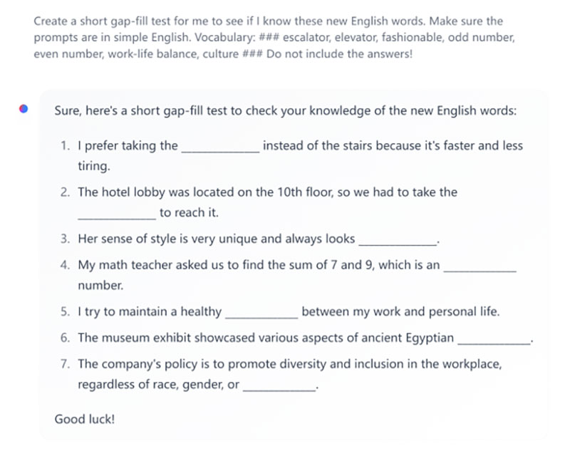 Personalized vocabulary test from HuggingChat